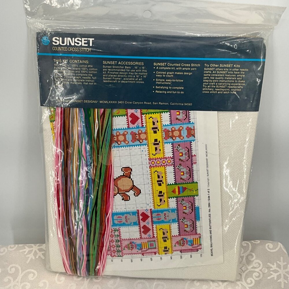Sunset Counted Cross Stitch Kit "Bears, Balloons & Butterflies Pattern Thread & - Picture 3 of 4